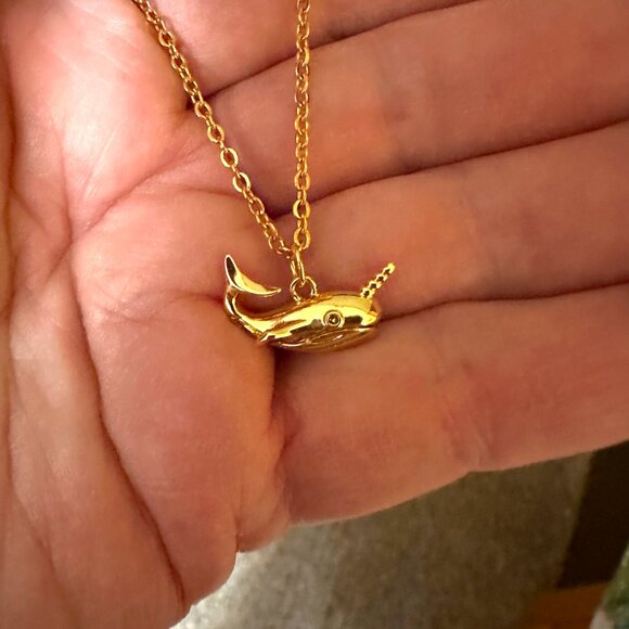 18K Gold Plated Narwhal Whale Pendant Necklace Gold Plated Stainless Steel Chain - Picture 8 of 12